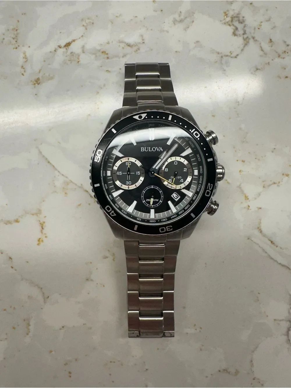 Bulova Silver Stainless Steel Watch with Black Dial